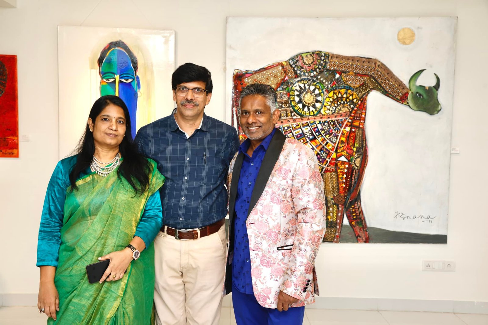 Govinda Raju and Rajini Rekha with artist Gnana